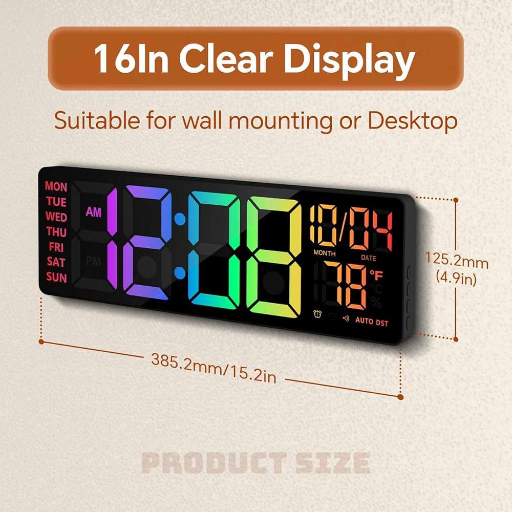 16" Digital Wall Clock with Night Light, Digital Clock with RGB Colors Changing Remote Control, Dual Alarm, Dimmer, Auto DST, Voice Control, Auto Time Sync, Clocks for Living Room, Gift for Elderly - Image 2
