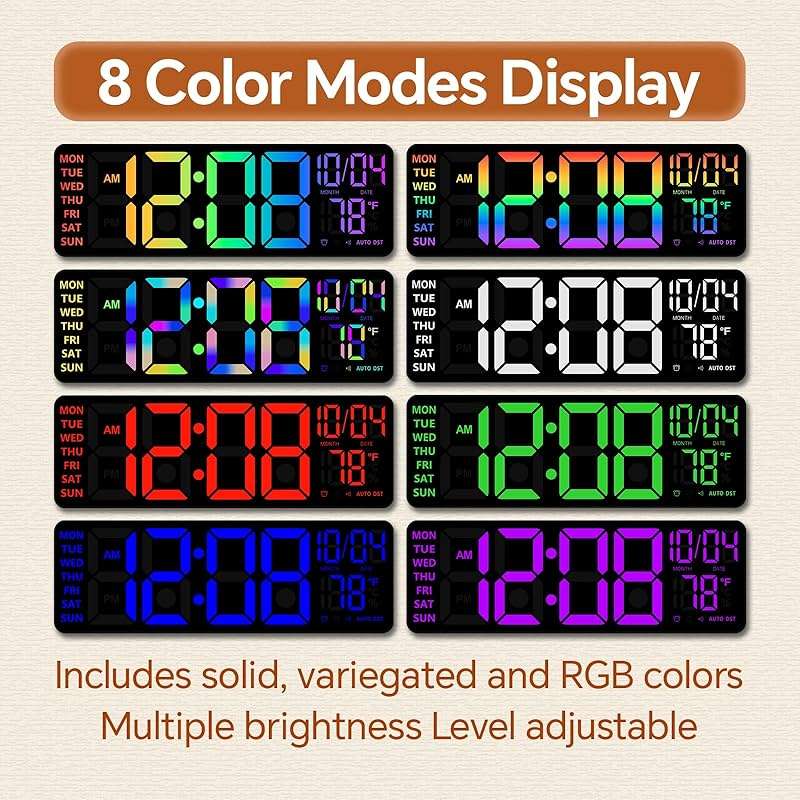 16" Digital Wall Clock with Night Light, Digital Clock with RGB Colors Changing Remote Control, Dual Alarm, Dimmer, Auto DST, Voice Control, Auto Time Sync, Clocks for Living Room, Gift for Elderly - Image 3
