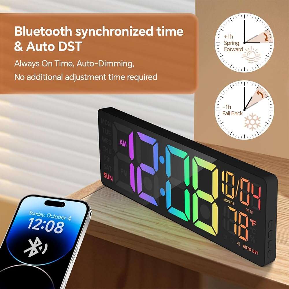 16" Digital Wall Clock with Night Light, Digital Clock with RGB Colors Changing Remote Control, Dual Alarm, Dimmer, Auto DST, Voice Control, Auto Time Sync, Clocks for Living Room, Gift for Elderly - Image 4
