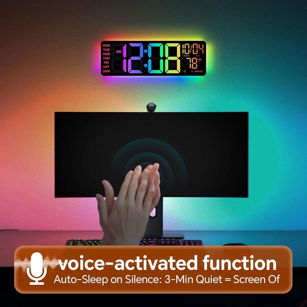 16" Digital Wall Clock with Night Light, Digital Clock with RGB Colors Changing Remote Control, Dual Alarm, Dimmer, Auto DST, Voice Control, Auto Time Sync, Clocks for Living Room, Gift for Elderly - Image 6