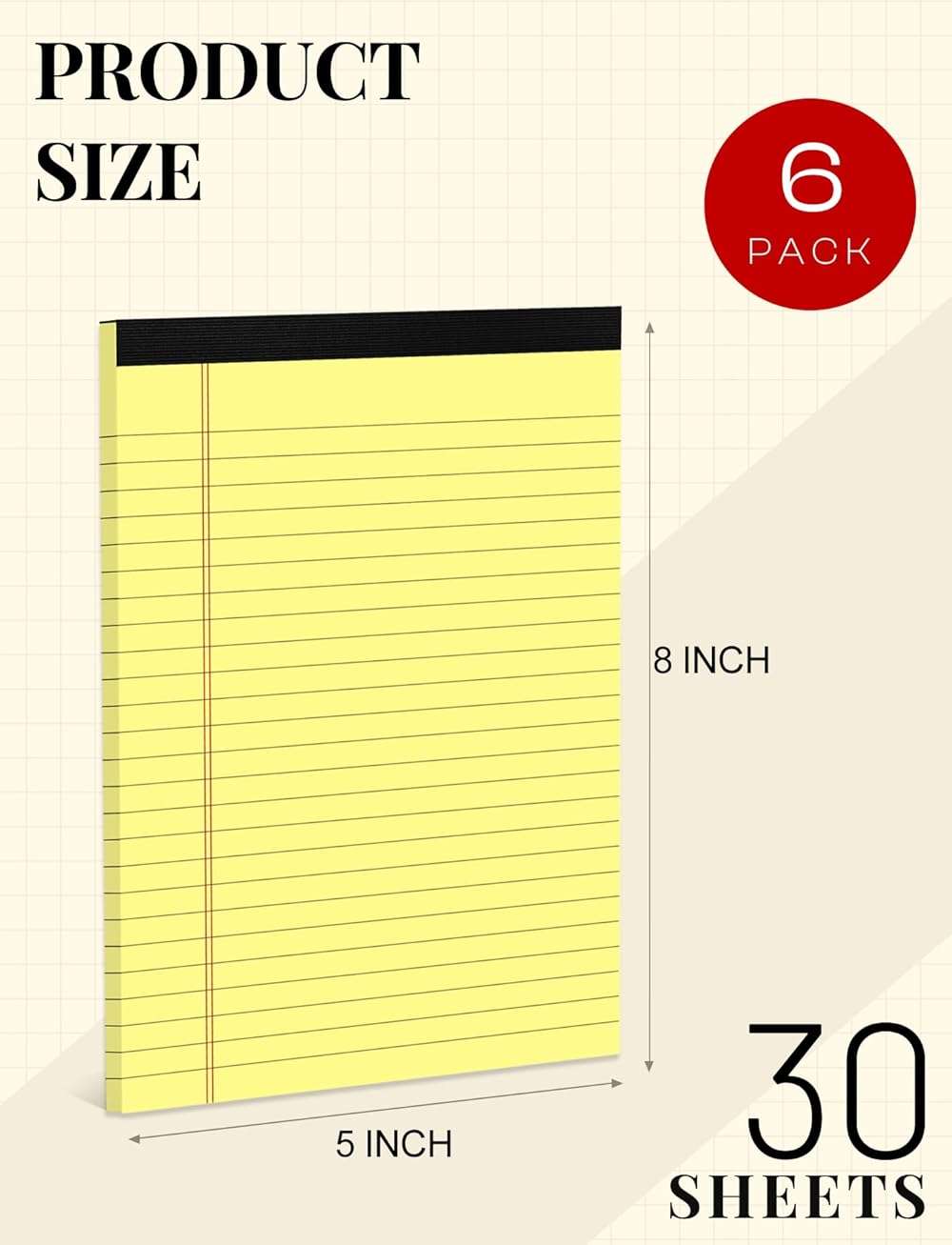 Yellow Note Pads 5x8 Small Legal Pads College Ruled Notepad for Office 6 Pack Yellow Writing Pads 5x8 Narrow Ruled Paper Pads 25 Lines 80 GSM Paper Tablets 5x8" Lined Notepads With 30 Sheets Per Pad - Image 2