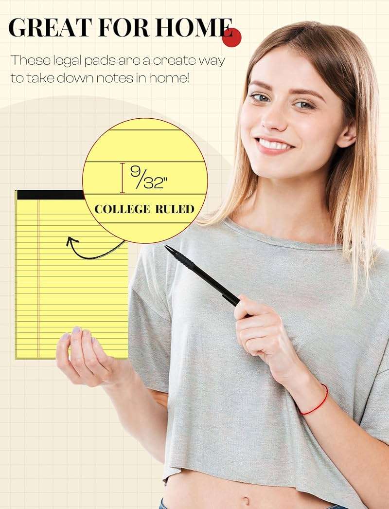 Yellow Note Pads 5x8 Small Legal Pads College Ruled Notepad for Office 6 Pack Yellow Writing Pads 5x8 Narrow Ruled Paper Pads 25 Lines 80 GSM Paper Tablets 5x8" Lined Notepads With 30 Sheets Per Pad - Image 3