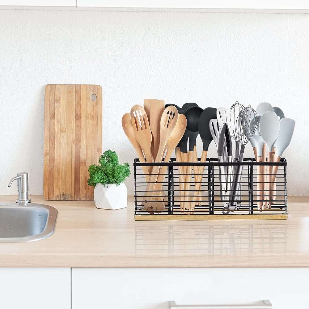 Suli Extra Large Kitchen Utensil Holder Countertop with 4 Compartments,Matte Black Metal holder with Wooden Base for Countertop,Farmhouse Utensil Organizer for counter,Rustic Cooking Utensil Organizer - Image 8
