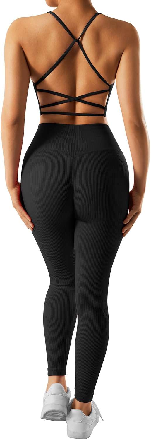 RXRXCOCO Ribbed Workout Sets for Women 2 Piece Backless Strappy Sports Bra Seamless Leggings Matching Set Yoga Outfits - Image 2