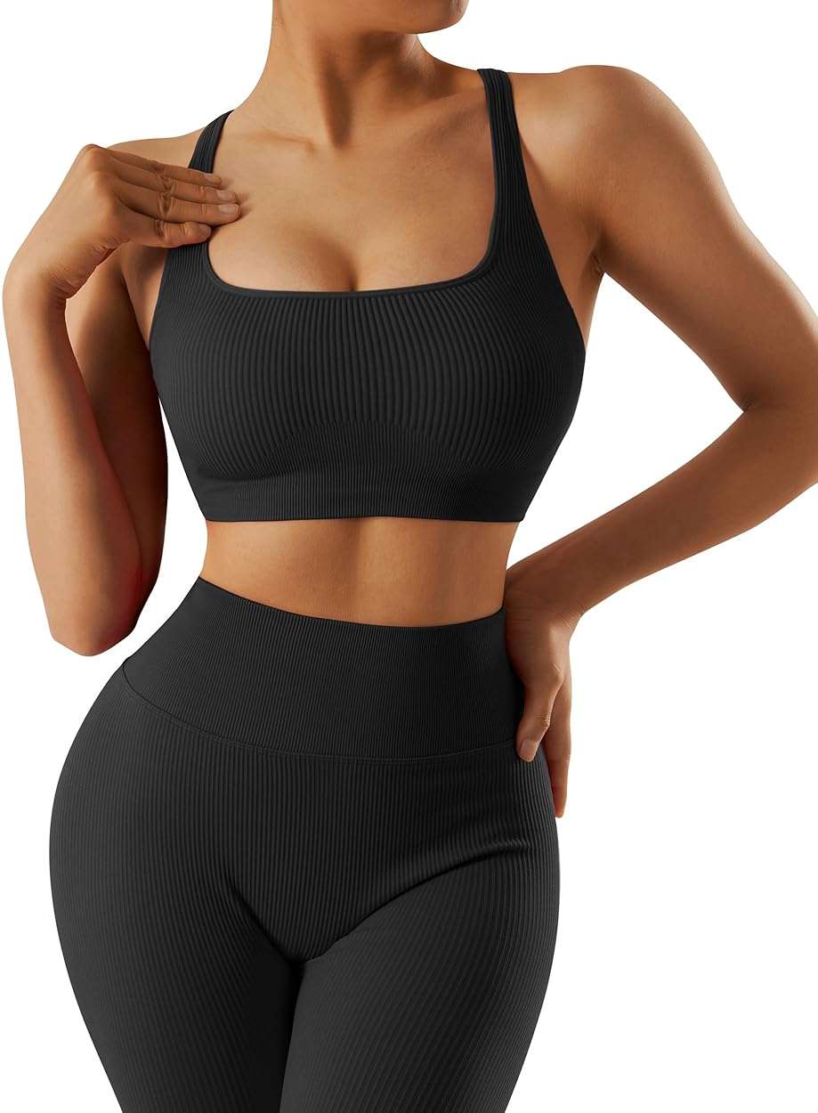 RXRXCOCO Ribbed Workout Sets for Women 2 Piece Backless Strappy Sports Bra Seamless Leggings Matching Set Yoga Outfits - Image 3