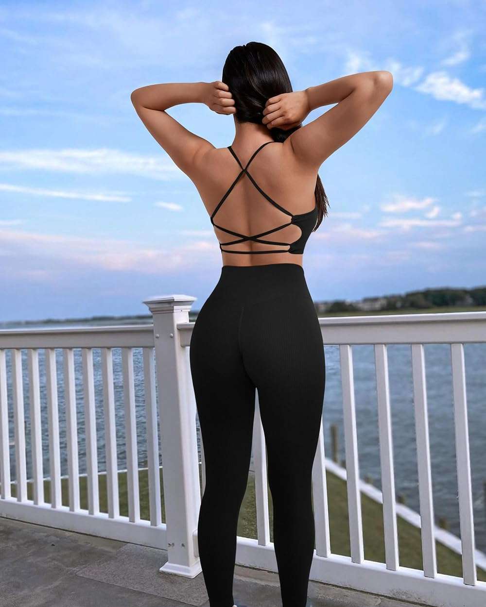 RXRXCOCO Ribbed Workout Sets for Women 2 Piece Backless Strappy Sports Bra Seamless Leggings Matching Set Yoga Outfits - Image 6