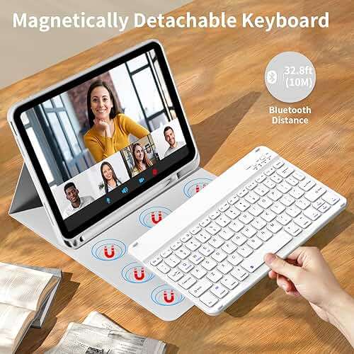 kenke for iPad 11/10th Gen Case with Keyboard 11/10.9 inch 2025 A16/2022, Detachable Wireless Bluetooth Keyboard Case Thin & Light with Built-in Left Side Pencil Holder, White Square Keycaps (Gray) - Image 4