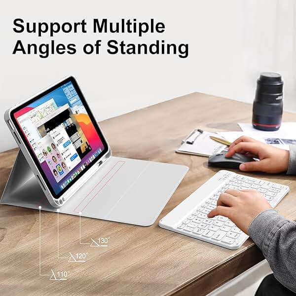 kenke for iPad 11/10th Gen Case with Keyboard 11/10.9 inch 2025 A16/2022, Detachable Wireless Bluetooth Keyboard Case Thin & Light with Built-in Left Side Pencil Holder, White Square Keycaps (Gray) - Image 8