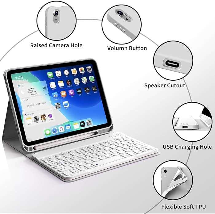 kenke for iPad 11/10th Gen Case with Keyboard 11/10.9 inch 2025 A16/2022, Detachable Wireless Bluetooth Keyboard Case Thin & Light with Built-in Left Side Pencil Holder, White Square Keycaps (Gray) - Image 9