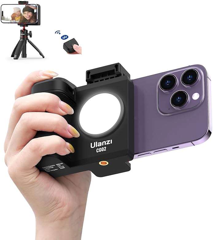 CG-02 Grip Holder for Smartphone Upgraded Phone Camera Grip w Remote Shutter Handheld Tripod Mount Fill Light Handheld Photography Accessories Compatible with iPhone 17 16 15 14 Pro Max etc - Image 1