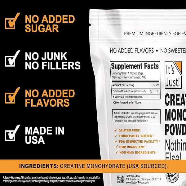 It's Just! - Creatine Monohydrate Powder, Pure Creatine Powder, Made in USA, 3rd Party Lab Tested, 5g Per Serving, Scoop Included, No Fillers, No Added Flavor (Unflavored, 500g / 100 Servings) - Image 2