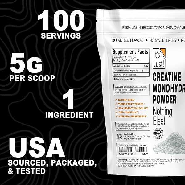 It's Just! - Creatine Monohydrate Powder, Pure Creatine Powder, Made in USA, 3rd Party Lab Tested, 5g Per Serving, Scoop Included, No Fillers, No Added Flavor (Unflavored, 500g / 100 Servings) - Image 7