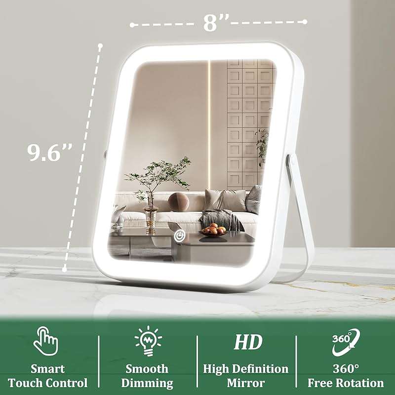 ROLOVE 8x10 Inch Lighted Vanity Mirror, 3-Color Dimmable LED Lighting & Touch Control, Portable Makeup Mirror with U-Bracket for Travel/Dressing Room (White) - Image 2