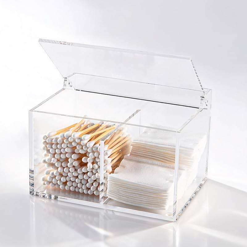 Dealpoli Clear Acrylic Cotton Swab Ball Holder Qtip Organizer with Lid 2-Grid Canister for Make Up Pads, Floss Picks, Vanity Storage,Bath Salts, Cosmetics, Home Bathroom Decor (DP004) - Image 1