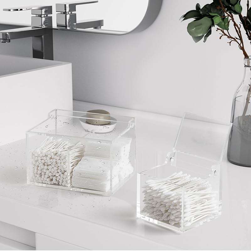 Dealpoli Clear Acrylic Cotton Swab Ball Holder Qtip Organizer with Lid 2-Grid Canister for Make Up Pads, Floss Picks, Vanity Storage,Bath Salts, Cosmetics, Home Bathroom Decor (DP004) - Image 2