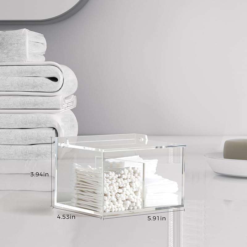 Dealpoli Clear Acrylic Cotton Swab Ball Holder Qtip Organizer with Lid 2-Grid Canister for Make Up Pads, Floss Picks, Vanity Storage,Bath Salts, Cosmetics, Home Bathroom Decor (DP004) - Image 3