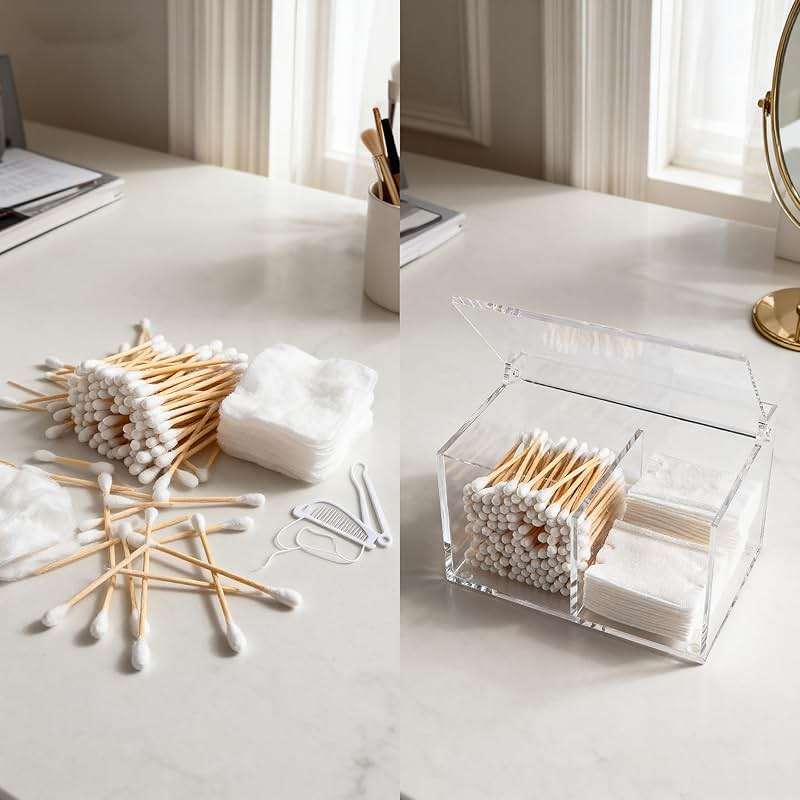 Dealpoli Clear Acrylic Cotton Swab Ball Holder Qtip Organizer with Lid 2-Grid Canister for Make Up Pads, Floss Picks, Vanity Storage,Bath Salts, Cosmetics, Home Bathroom Decor (DP004) - Image 4