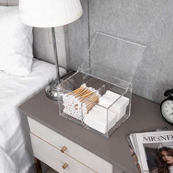 Dealpoli Clear Acrylic Cotton Swab Ball Holder Qtip Organizer with Lid 2-Grid Canister for Make Up Pads, Floss Picks, Vanity Storage,Bath Salts, Cosmetics, Home Bathroom Decor (DP004) - Image 7