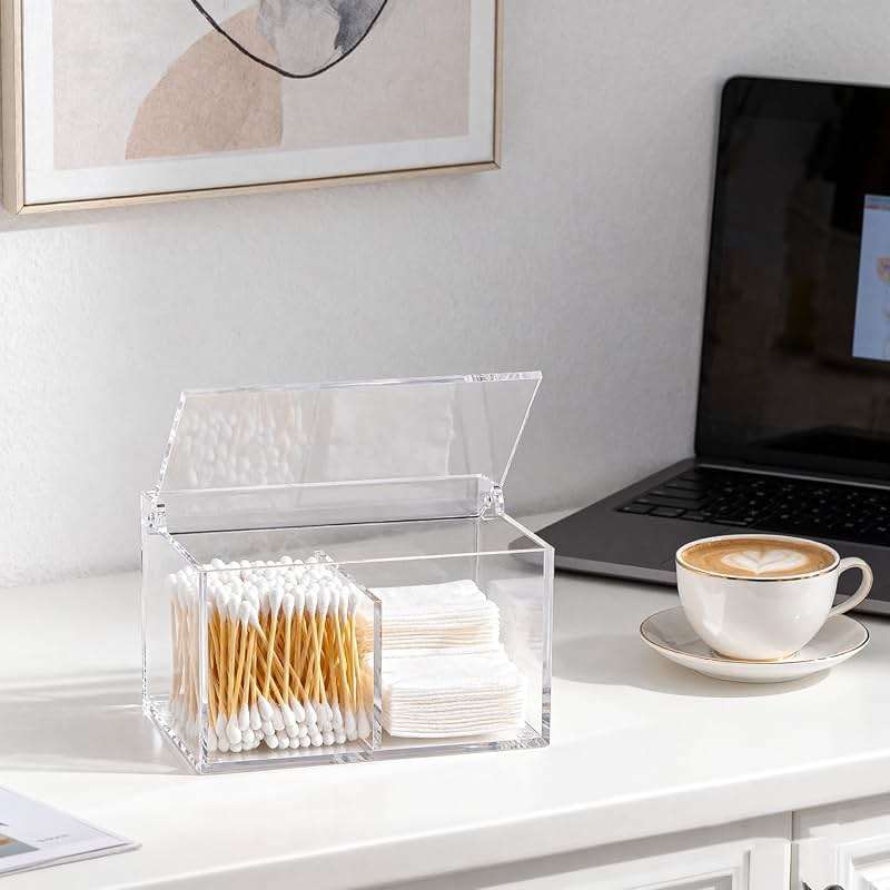 Dealpoli Clear Acrylic Cotton Swab Ball Holder Qtip Organizer with Lid 2-Grid Canister for Make Up Pads, Floss Picks, Vanity Storage,Bath Salts, Cosmetics, Home Bathroom Decor (DP004) - Image 8