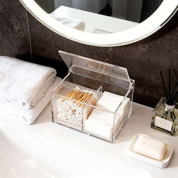 Dealpoli Clear Acrylic Cotton Swab Ball Holder Qtip Organizer with Lid 2-Grid Canister for Make Up Pads, Floss Picks, Vanity Storage,Bath Salts, Cosmetics, Home Bathroom Decor (DP004) - Image 9