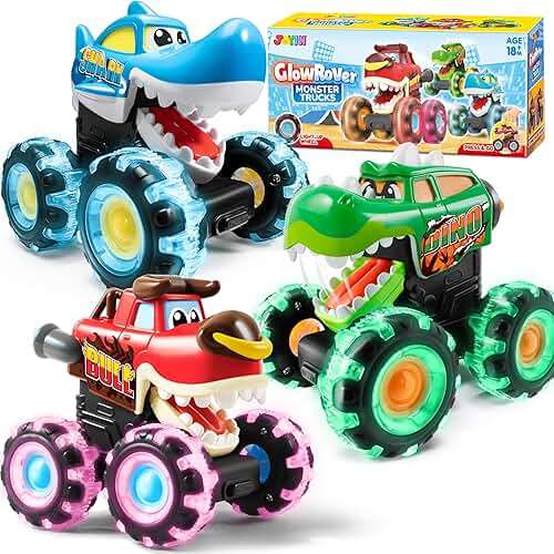 JOYIN 3 Pack Monster Truck Toy - Motion Activated Light Up Cars for Toddlers - Monster Glow Rover LED Wheels - Baby Boy Toys - Press and Go Dinosaur Trucks for Kids Boy Birthday Gifts - Image 1