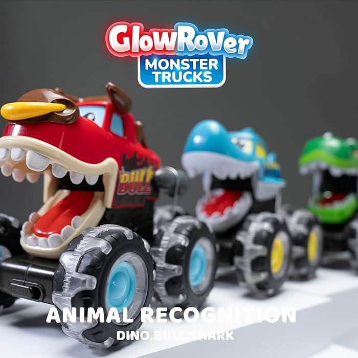 JOYIN 3 Pack Monster Truck Toy - Motion Activated Light Up Cars for Toddlers - Monster Glow Rover LED Wheels - Baby Boy Toys - Press and Go Dinosaur Trucks for Kids Boy Birthday Gifts - Image 8