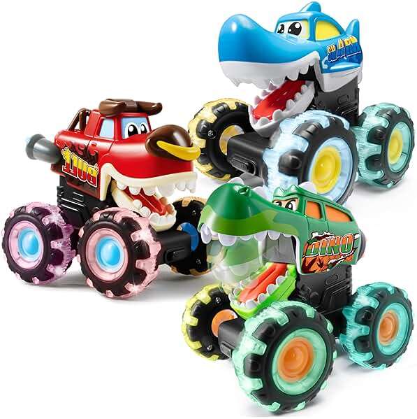 JOYIN 3 Pack Monster Truck Toy - Motion Activated Light Up Cars for Toddlers - Monster Glow Rover LED Wheels - Baby Boy Toys - Press and Go Dinosaur Trucks for Kids Boy Birthday Gifts - Image 9