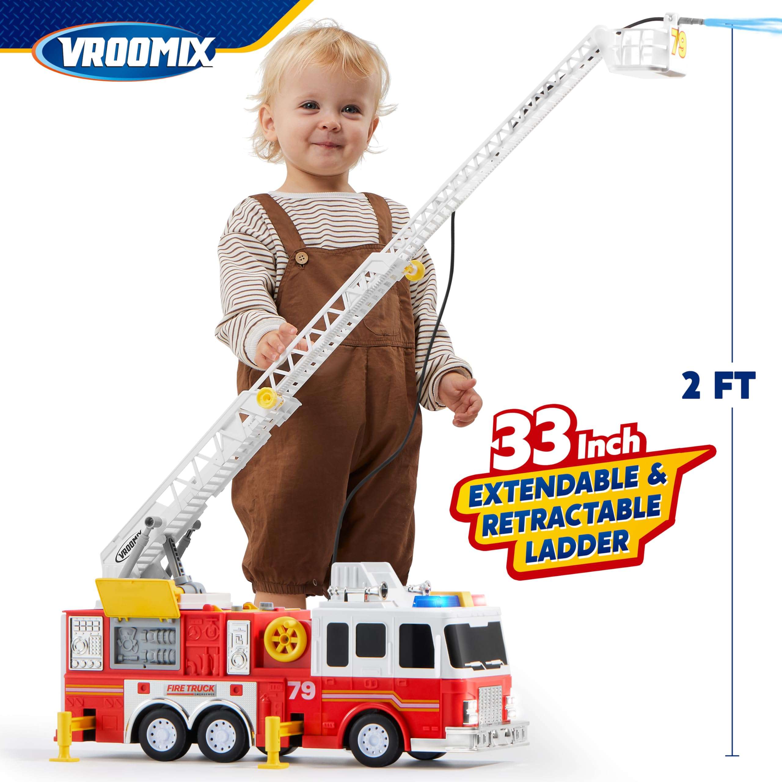JOYIN Extra Large Toddler Fire Truck Toys for Boys with 33-inch Ladder, Lights & Sprinkler Pump, Big Emergency Vehicle, Kids Toys for Age 3, 4, 5, 6, 7, Christmas Birthday Gift for Grandkids - Image 4