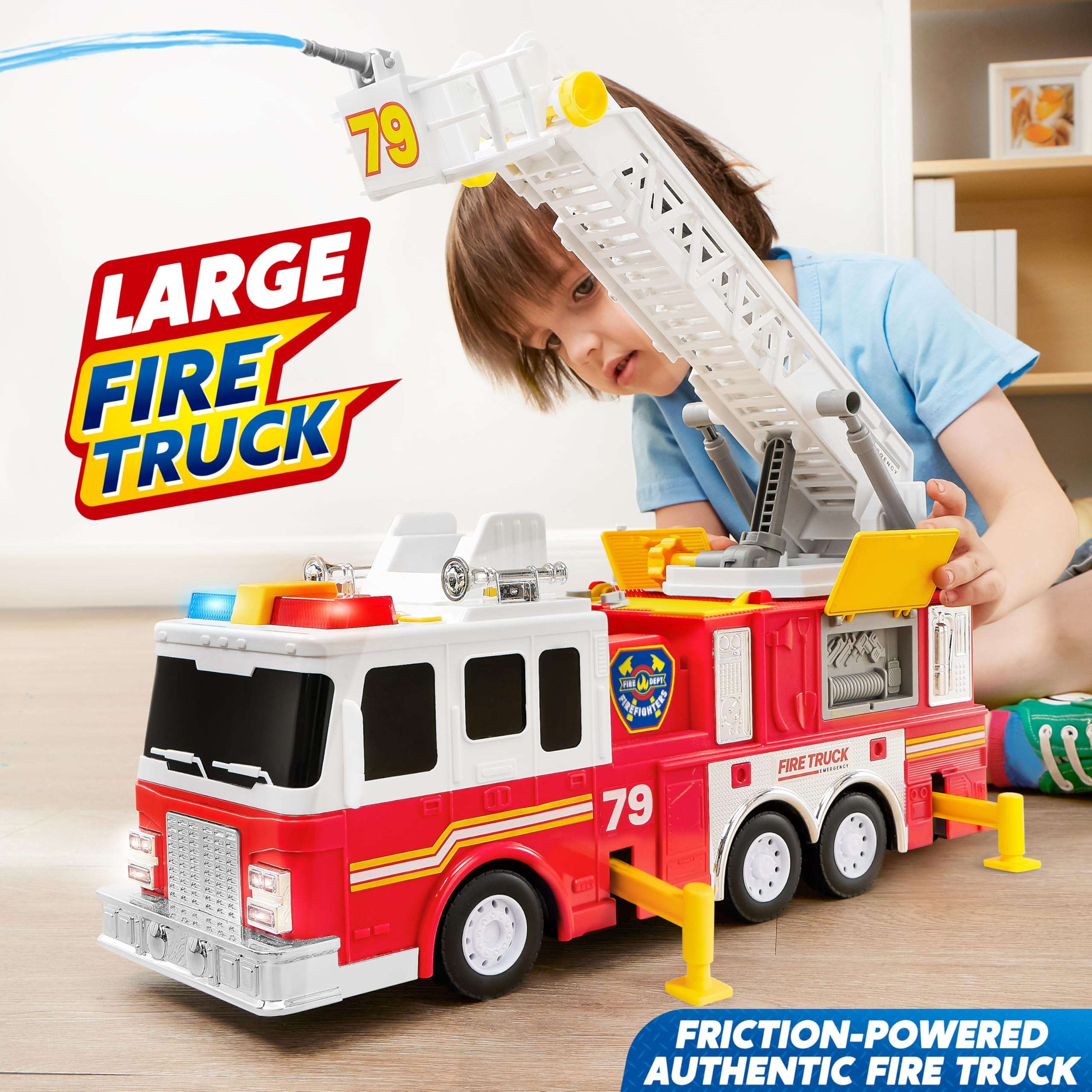 JOYIN Extra Large Toddler Fire Truck Toys for Boys with 33-inch Ladder, Lights & Sprinkler Pump, Big Emergency Vehicle, Kids Toys for Age 3, 4, 5, 6, 7, Christmas Birthday Gift for Grandkids - Image 5