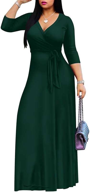 FANDEE Women's 2026 Maxi Dress - Solid Color Bohemian Summer Long Maxi Dress V-Neck 3/4 Sleeve - Image 2