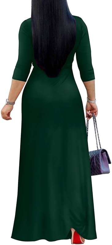 FANDEE Women's 2026 Maxi Dress - Solid Color Bohemian Summer Long Maxi Dress V-Neck 3/4 Sleeve - Image 3