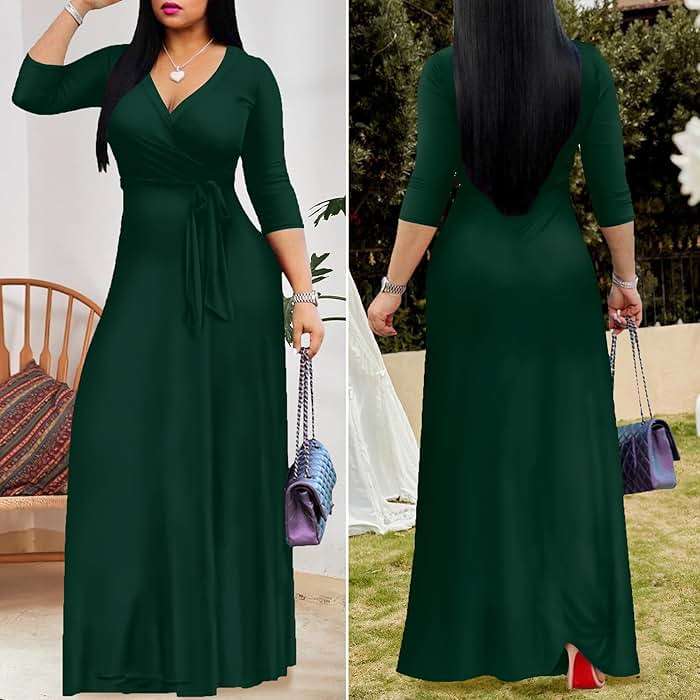 FANDEE Women's 2026 Maxi Dress - Solid Color Bohemian Summer Long Maxi Dress V-Neck 3/4 Sleeve - Image 4