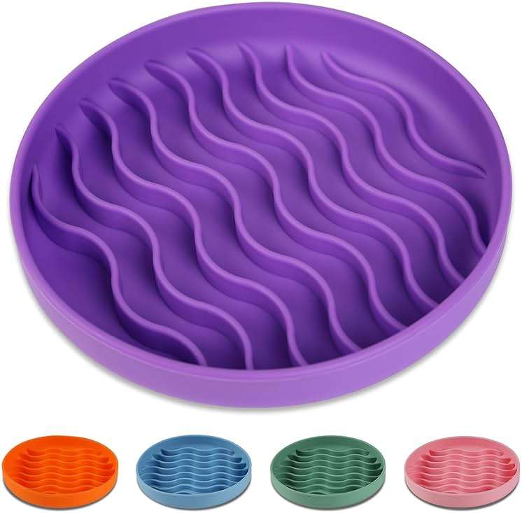 PJDH Slow Feeder Dog Bowls, Silicone Food Bowl Anti-Gulping, Pets Puppy Slow Feeder with Suction Cups, Dishwasher Microwave Safe for All Small Medium Dogs, Wave Design Purple - Image 1