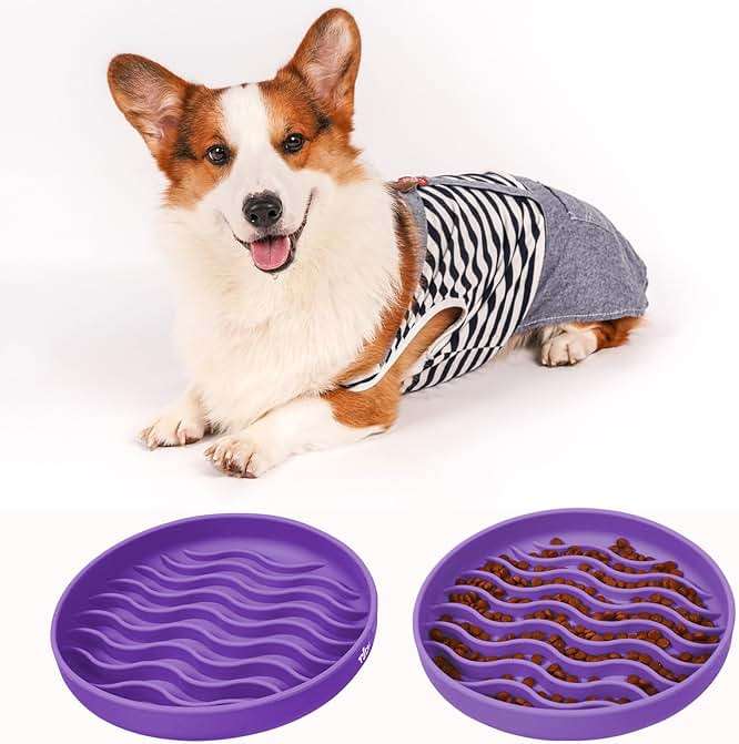 PJDH Slow Feeder Dog Bowls, Silicone Food Bowl Anti-Gulping, Pets Puppy Slow Feeder with Suction Cups, Dishwasher Microwave Safe for All Small Medium Dogs, Wave Design Purple - Image 6
