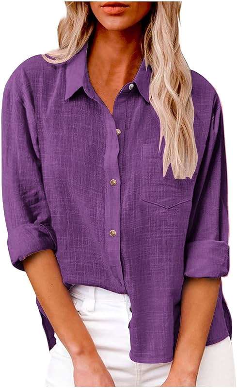 SMIDOW Womens Button Down Cotton Linen Shirts V Neck Roll Up Long Sleeve Blouses Loose Collared Shirt Casual Work Tops - Image 1