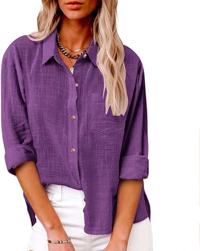 SMIDOW Womens Button Down Cotton Linen Shirts V Neck Roll Up Long Sleeve Blouses Loose Collared Shirt Casual Work Tops - Image 2