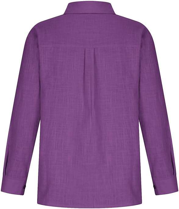 SMIDOW Womens Button Down Cotton Linen Shirts V Neck Roll Up Long Sleeve Blouses Loose Collared Shirt Casual Work Tops - Image 3