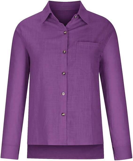 SMIDOW Womens Button Down Cotton Linen Shirts V Neck Roll Up Long Sleeve Blouses Loose Collared Shirt Casual Work Tops - Image 4