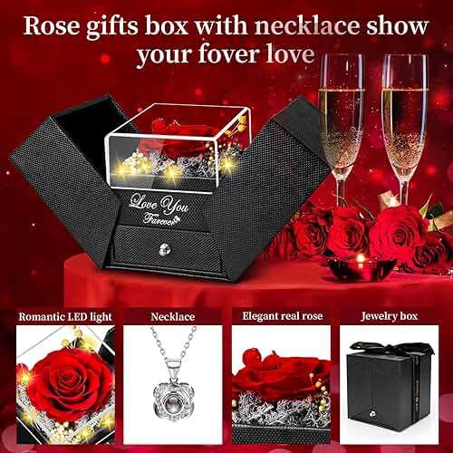 Lebana Preserved Red Real Rose with Heart I Love You Necklace -Mothers Day Gifts for Mom Her Wife Girlfriend Grandma on Valentines Mothers Day Christmas Birthday Anniversary Romantic-Red - Image 3
