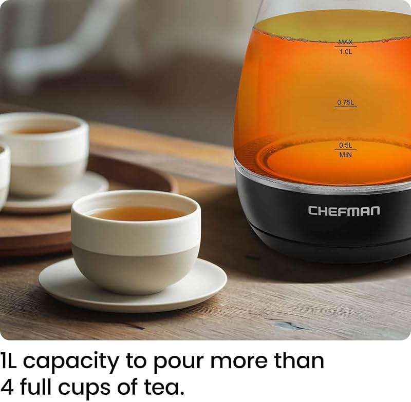 Chefman Electric Kettle with Tea Infuser, Compact 1L (4 Cups), 1500W, Removable Lid for Easy Cleaning, Boil-Dry Protection, Stainless Steel Filter, BPA Free, Auto Shut Off, Small Electric Tea Kettle - Image 2