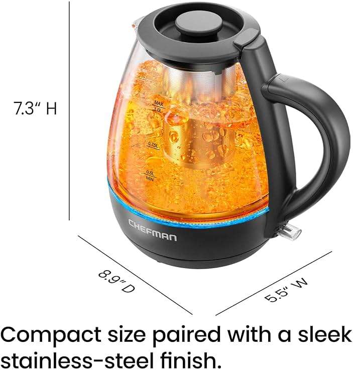 Chefman Electric Kettle with Tea Infuser, Compact 1L (4 Cups), 1500W, Removable Lid for Easy Cleaning, Boil-Dry Protection, Stainless Steel Filter, BPA Free, Auto Shut Off, Small Electric Tea Kettle - Image 3