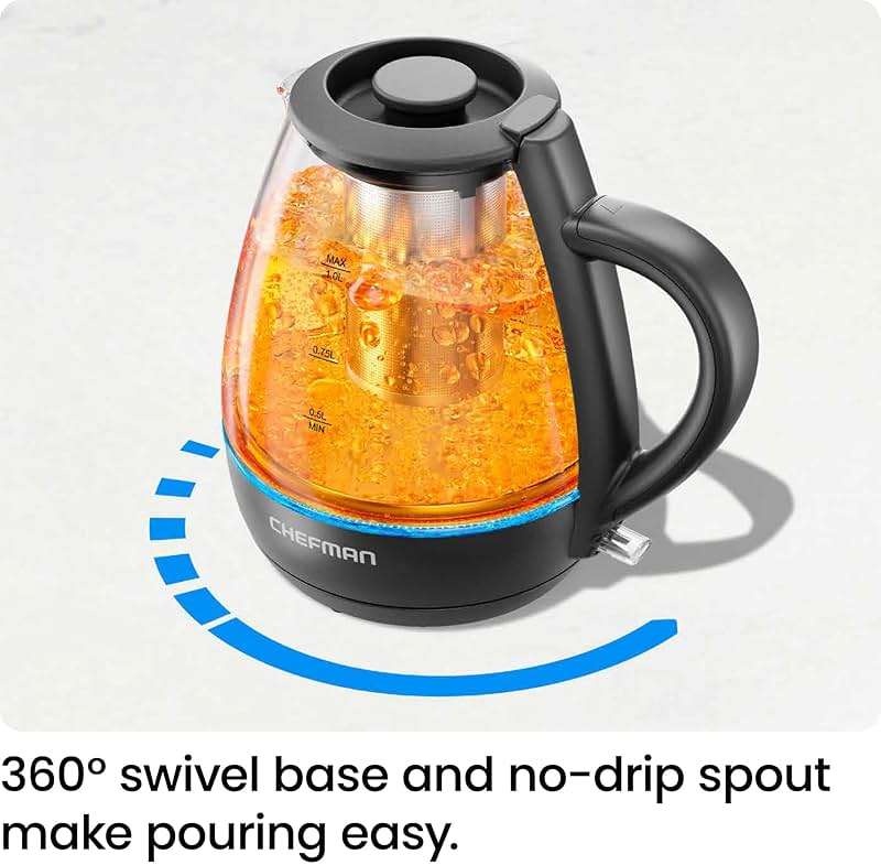 Chefman Electric Kettle with Tea Infuser, Compact 1L (4 Cups), 1500W, Removable Lid for Easy Cleaning, Boil-Dry Protection, Stainless Steel Filter, BPA Free, Auto Shut Off, Small Electric Tea Kettle - Image 7