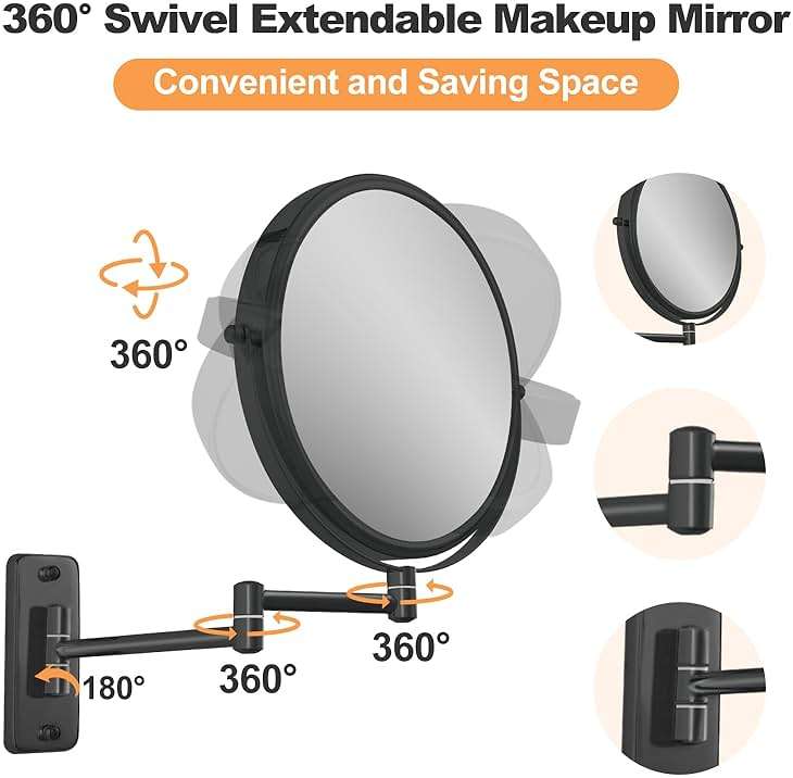 FFowcye 8" Wall Mounted Magnifying Makeup Mirror, 1X/10X Double-Sided Shaving Mirror with 360° Swivel & Extendable Arm for Bathroom Vanity, Black - No Light - Image 4