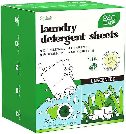 Soulink Laundry Detergent Sheets Unscented 240 Loads，Eco Friendly Detergent Sheets for Travel & Home - No Plastic Jug Liquidless Soap Strips, Plant-based, Hypoallergenic. Safe for Sensitive Skin - Image 1
