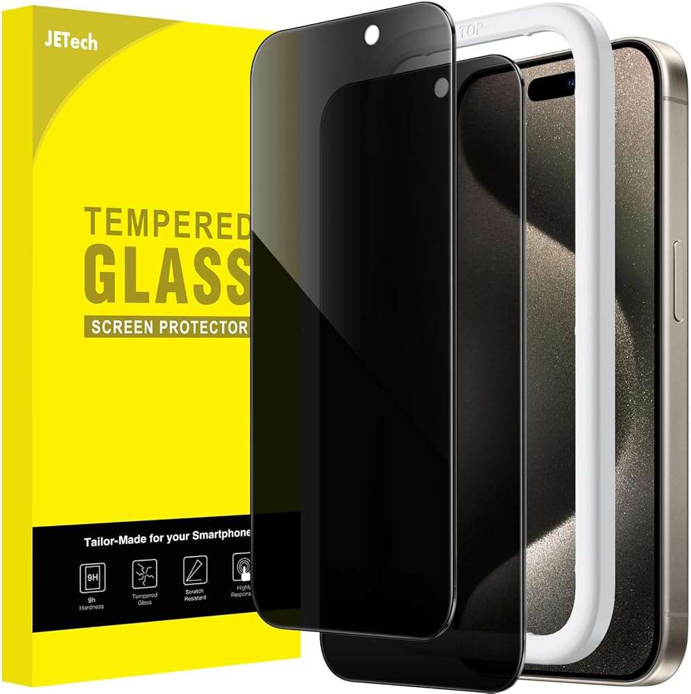 JETech Privacy Screen Protector for iPhone 15 Pro Max 6.7-Inch, Anti-Spy Tempered Glass Film with Easy Installation Tool, 2-Pack - Image 1