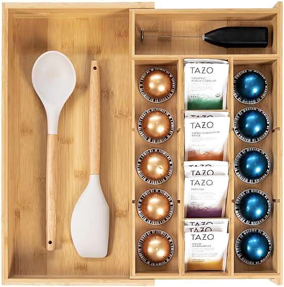 KitchenEdge Tea Bag and Coffee Pod Kitchen Drawer Organizer, Expandable 9.7 to 17 Inches, 10 Accessory Compartments with Adjustable Wall Inserts, Non-Slip Rubber Feet, 100% Sustainable Bamboo Wood - Image 1