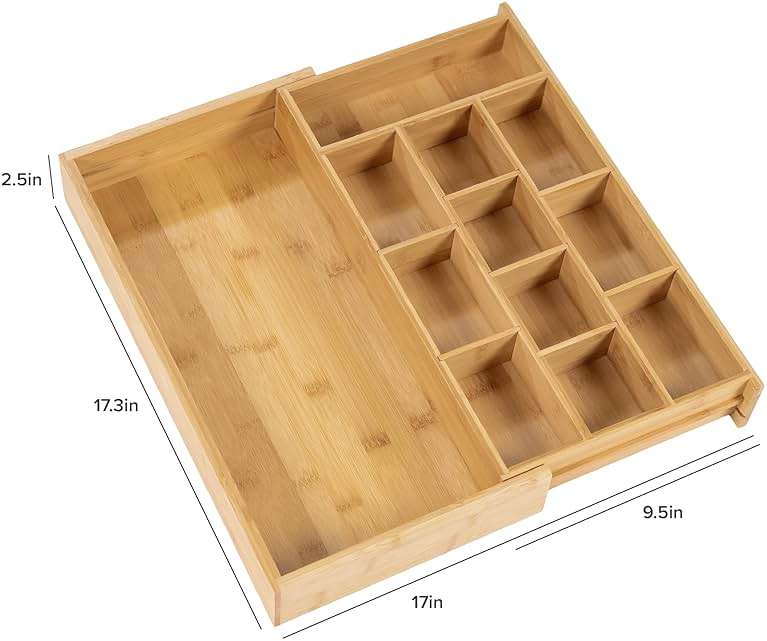 KitchenEdge Tea Bag and Coffee Pod Kitchen Drawer Organizer, Expandable 9.7 to 17 Inches, 10 Accessory Compartments with Adjustable Wall Inserts, Non-Slip Rubber Feet, 100% Sustainable Bamboo Wood - Image 2