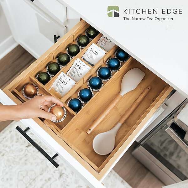 KitchenEdge Tea Bag and Coffee Pod Kitchen Drawer Organizer, Expandable 9.7 to 17 Inches, 10 Accessory Compartments with Adjustable Wall Inserts, Non-Slip Rubber Feet, 100% Sustainable Bamboo Wood - Image 3