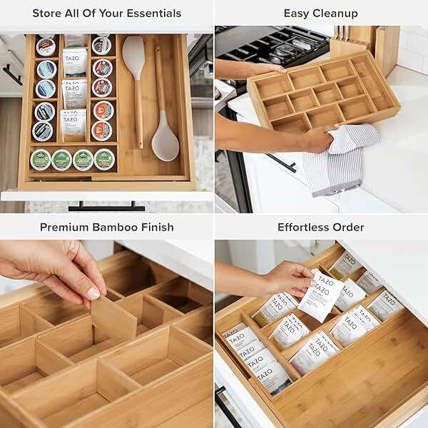 KitchenEdge Tea Bag and Coffee Pod Kitchen Drawer Organizer, Expandable 9.7 to 17 Inches, 10 Accessory Compartments with Adjustable Wall Inserts, Non-Slip Rubber Feet, 100% Sustainable Bamboo Wood - Image 4
