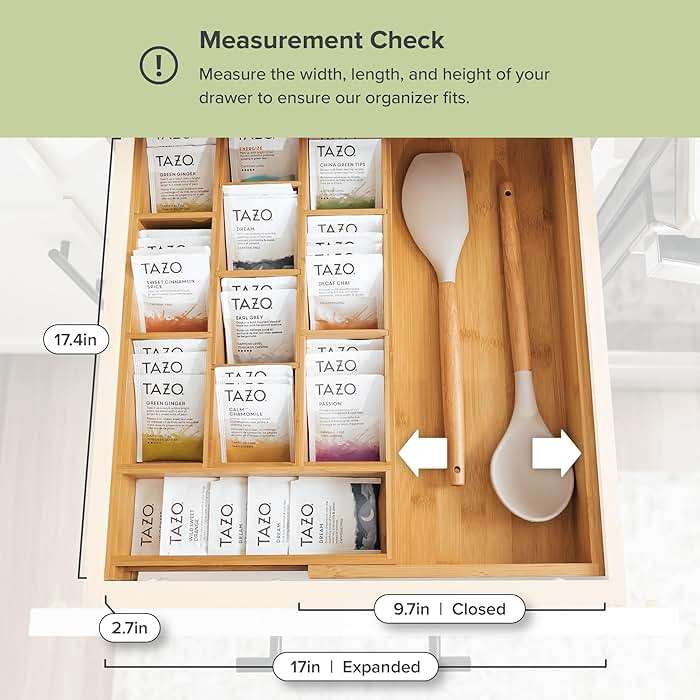 KitchenEdge Tea Bag and Coffee Pod Kitchen Drawer Organizer, Expandable 9.7 to 17 Inches, 10 Accessory Compartments with Adjustable Wall Inserts, Non-Slip Rubber Feet, 100% Sustainable Bamboo Wood - Image 5